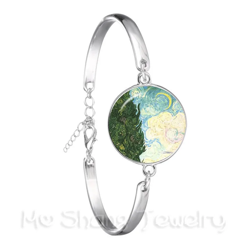 Starry Night Bracelet Van Gogh Art Picture 18mm Glass Cabochon Silver Plated Chain Bangle Fashion Trendy Jewelry For Women Gift