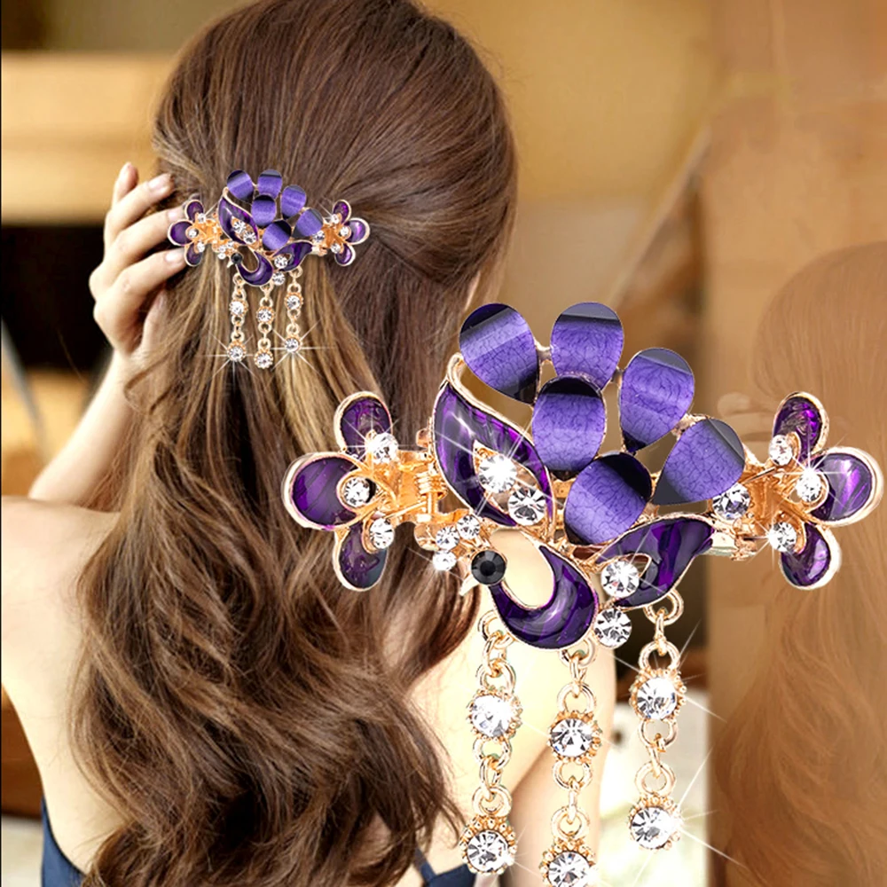 Rhinestone Hair Clip Barrettes Peacock Rose Flower Butterfly Ornaments Tassel Hairpins Hairgrip Clamps Fashion Hair Accessories