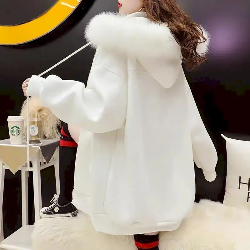 Mid-length Plus Velvet Hooded Jackets Women Loose Korean Fashion All-match Solid Color Fur Collar Cardigan Hoodies Fall Winter