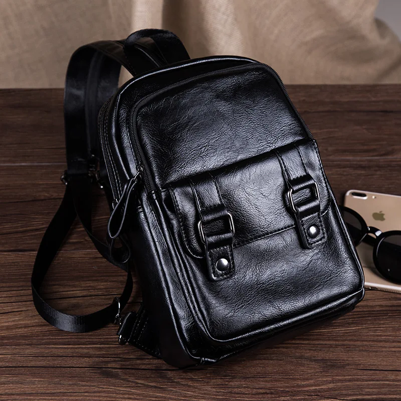 Multifunctional Korean Style Small Leather Backpack New Fashion School Bag Men\'s Trend Casual Simple One Shoulder Chest Bag