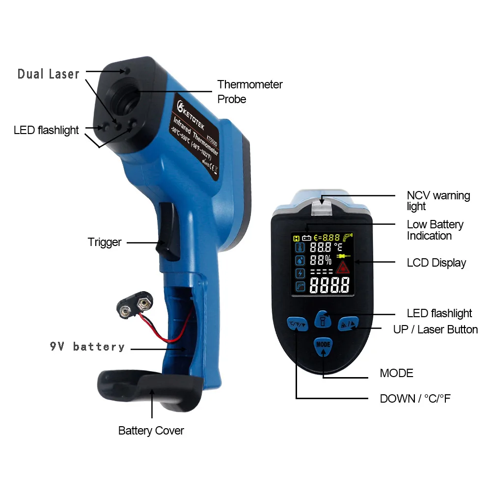 Infrared Thermometer Gun Pyrometer Humidity Meter Digital Thermometer Non-Contact Temperature Monitor for Food Oven Industry