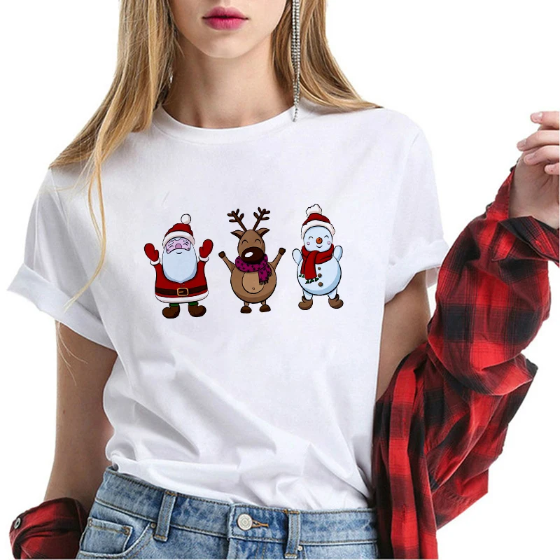 

Santa Claus and Reindeer Printed T-shirt Female New Christmas Cute T Shirt Women Fashion Graphic Tee Top Aesthetic Kawaii Tshirt