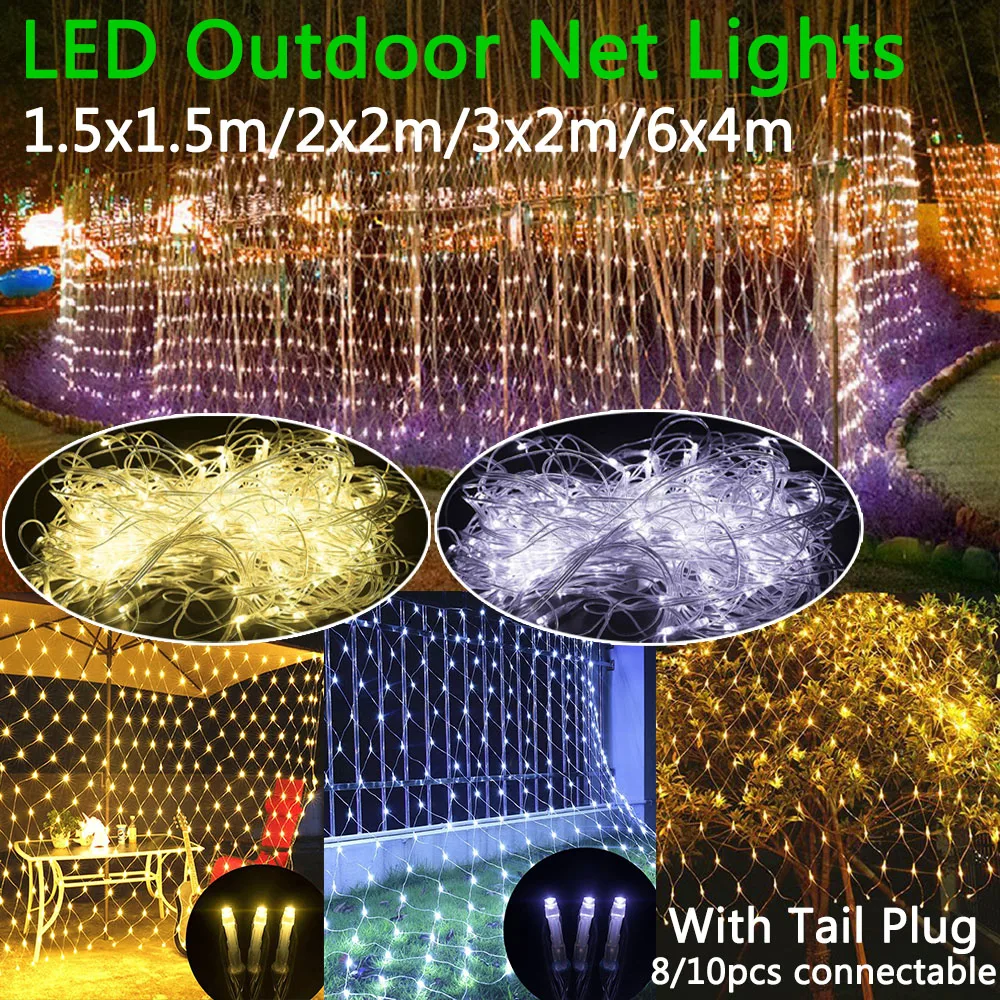 Chirstmas LED Net Mesh String Light 220V 8 Modes Outdoor Waterproof  Wedding Party Holiday Decor connectable with Tail Plug D30