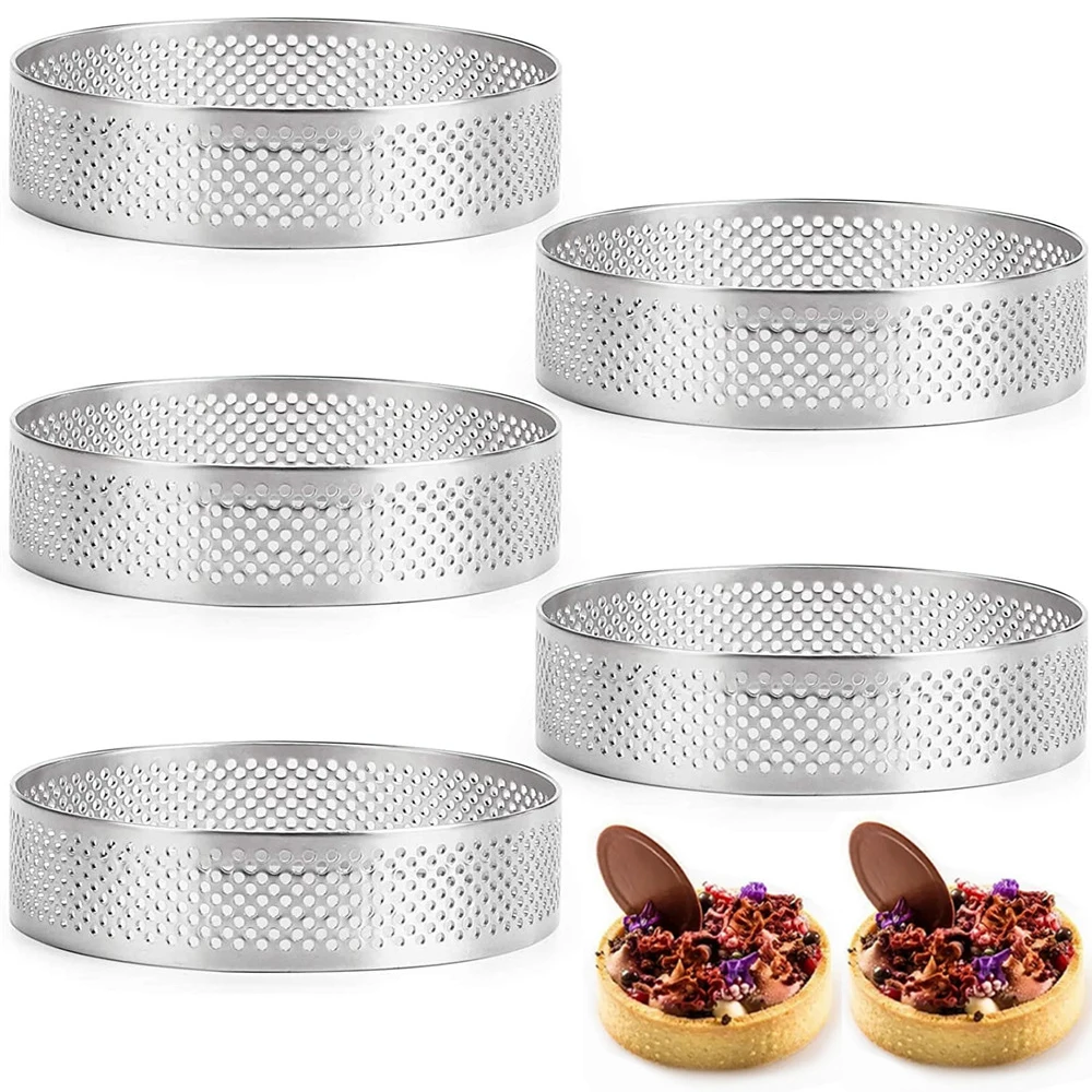 2/5/10pcs Circular Stainless Steel Tart Ring French Dessert Perforation Mold Mousse Fruit Pie Quiche Cake Cheese Baking Mould