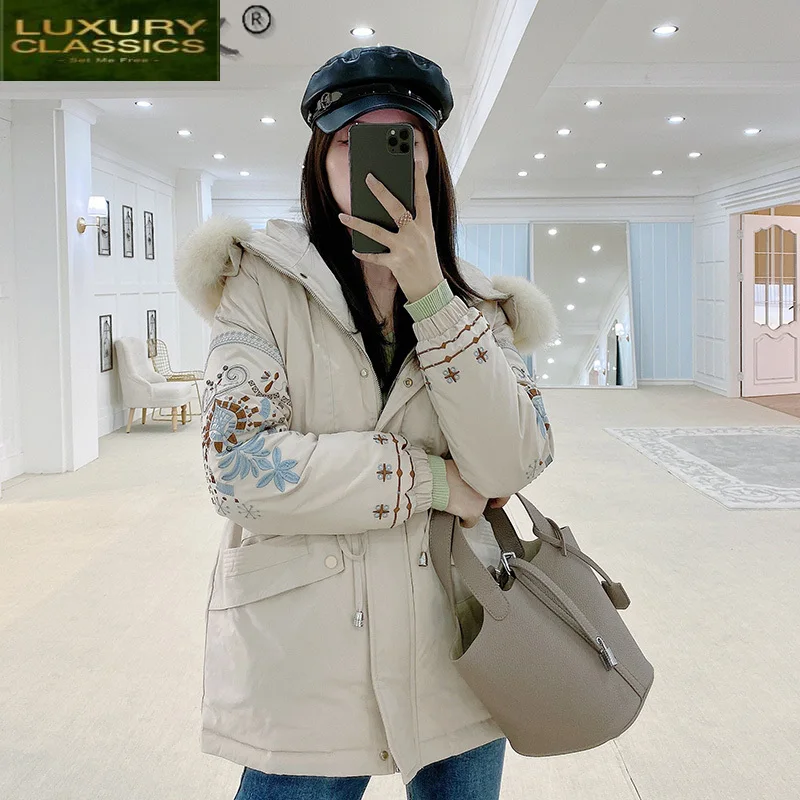 Winter High Quality Real Fox Fur Hooded Women's Down Jacket Woman Parkas 2021 Embroidery White Duck Down Coat Female 8112