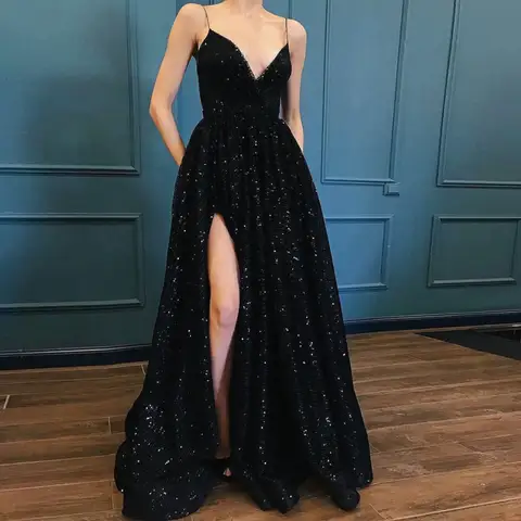 Black V-neck Prom Dress with Side Slit FADISTEE
