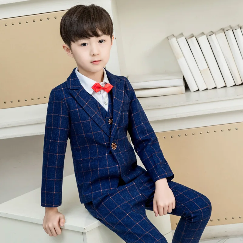 

Children Foraml Suit Sets Flower Boy New Year's Day Host Dress Wedding Costume Kids Plaid Tuxedo Vest Shirts Bowtie Clothes Set