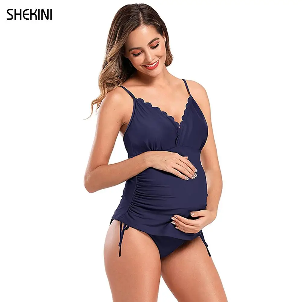 Women's V Neck Ruched Scalloped Triangle Bikini Plus Size Maternity Swimsuits Tie Side Bottom Tankinis Swimwear Bathing Suits