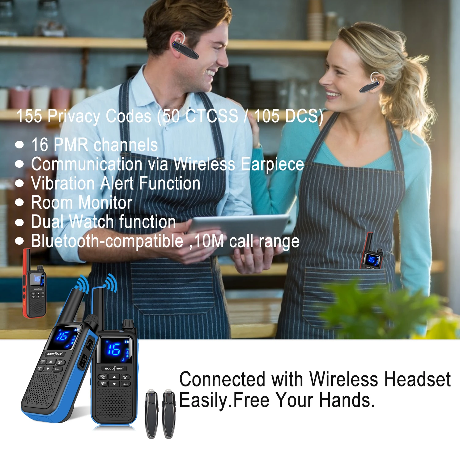 SOCOTRAN T82 Walkie Talkie 2pcs Wireless headset PMR446 16CH Portable two way radio earpieces Bluetooth-compatible  Radio