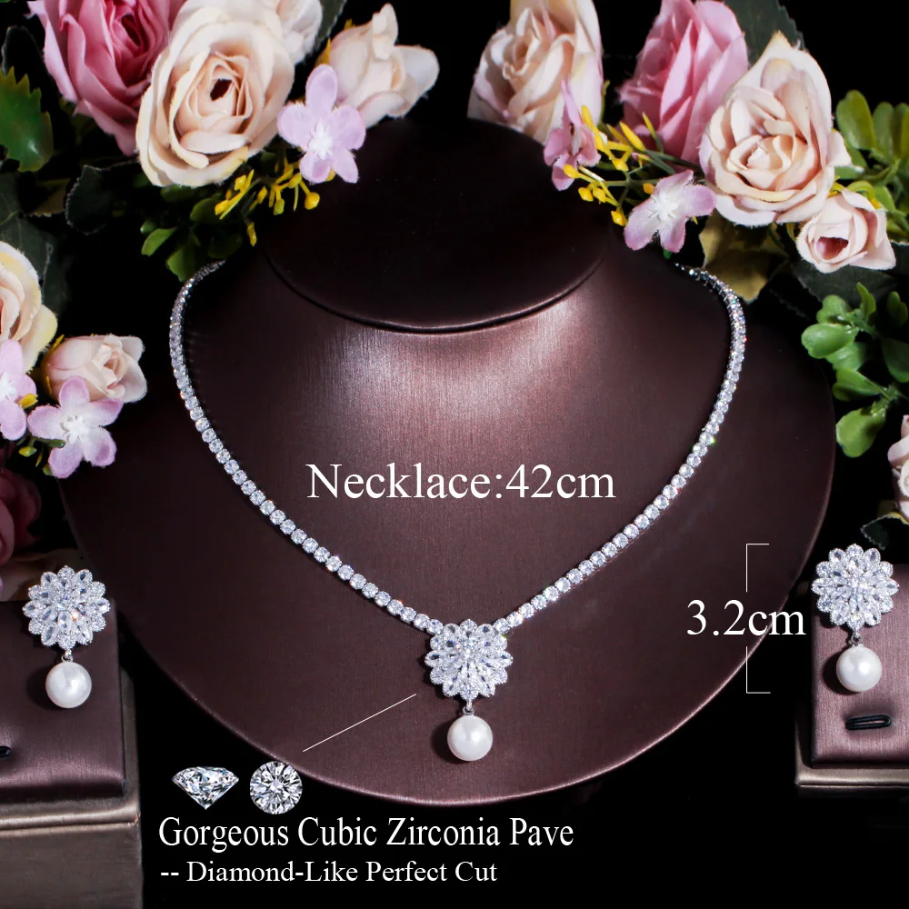 CWWZircons Gorgeous Cubic Zirconia Flower Drop Women Wedding Party Pearl Necklace Earrings Fashion Bridal Jewelry Sets Gift T603