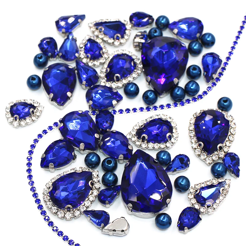 New Arrival Drop Shape Royal Blue Mix Size Glass Crystal Stones Pearl Beads Cup Chain Rim Rhinestones For Clothing/Wedding Dress