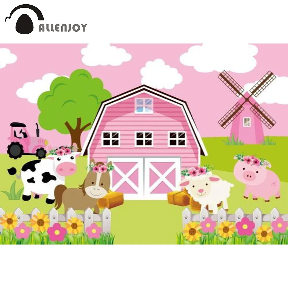 

Allenjoy Farmland Backdrop Pink Farmhouse Poultry Tree Flower Windmill Cereals Custom Poster Decoration Photography Background