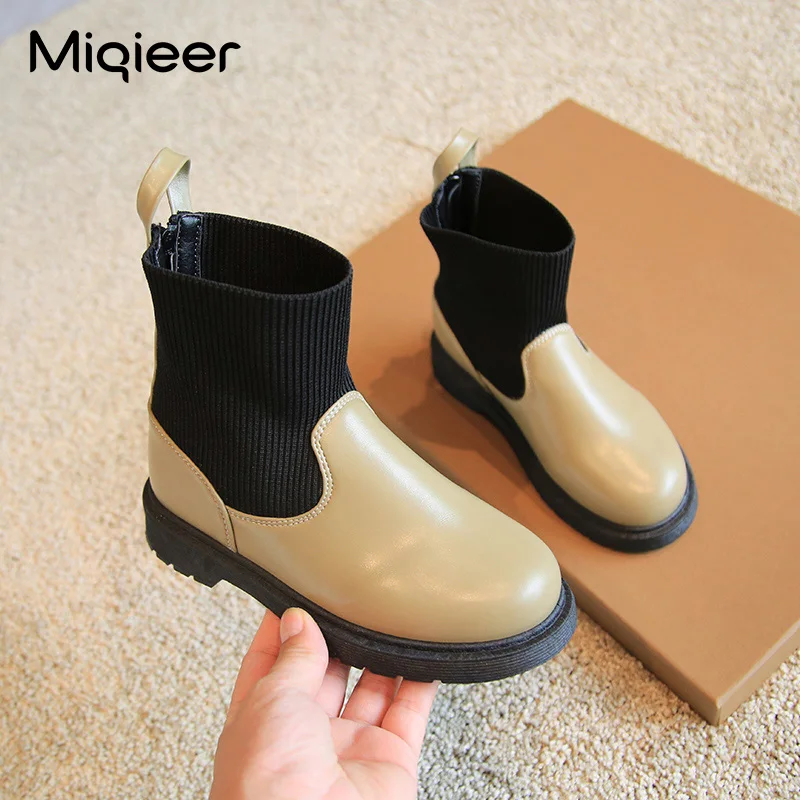 

Kids Boots Spring Autumn Fashion Socks PU Leather Splicing Waterproof Boys Girls Outdoor Walking Single Shoes For 13 Years Old