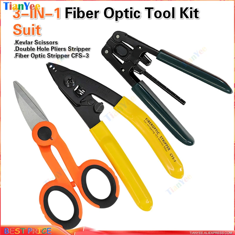 

3-in-1 Suit Sell 3 packs Fiber Optic Tool Kit Kevlar Scissors + Double Hole Pliers Stripper + Fiber Optic Stripper CFS-3