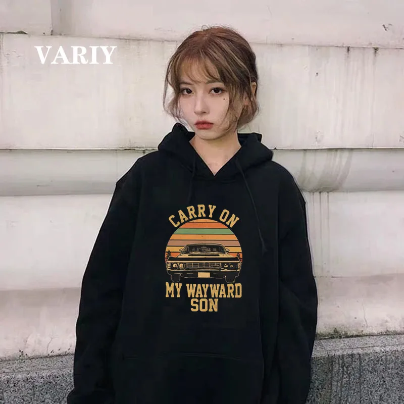 Carry on My Wayward Son Dark Heather Print Women Hoodie Long Sleeve graphic Hooded Pullovers Supernatural Vintage Sweatshirts