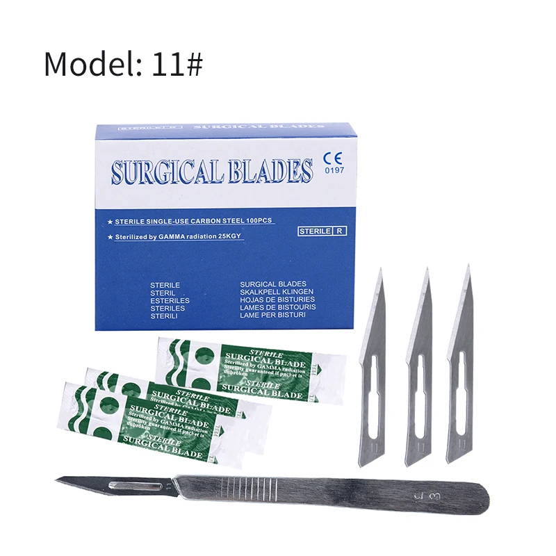 100pcs/Box Dental Surgical Scalpel Sterilized Blades Carbon Steel #10 #11 #15 with 1PC #3 Scalpel Handle Dental Material