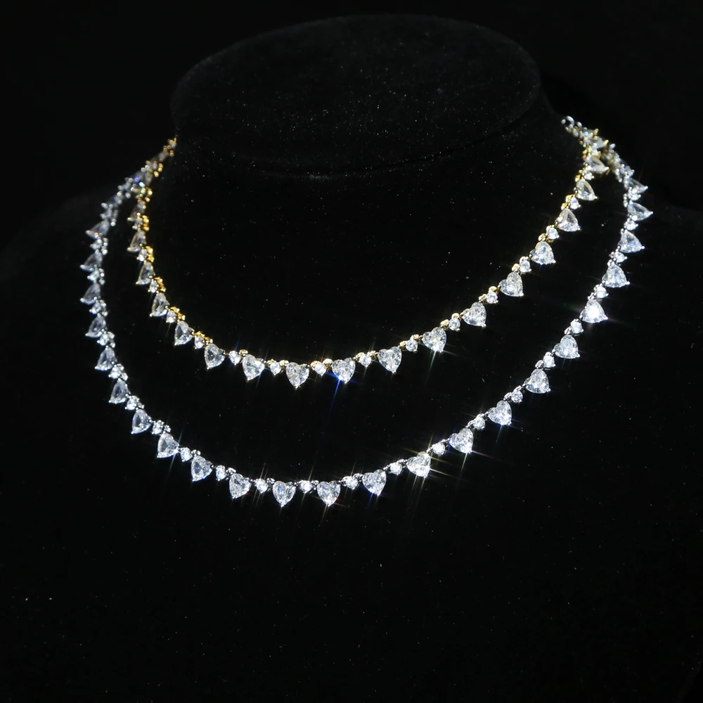 2025 Gold Silver Color Delicate Iced Out Sparking Bling White CZ Heart Link Chain Necklace For Girl Women Choker Fashion Jewelry