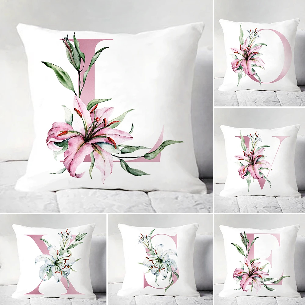 

English Alphabet A-Z Pillowcase Pink Letter Flowers Print Cushion Cover Decorative Pillow Covers Wedding Party Housewarming Gift