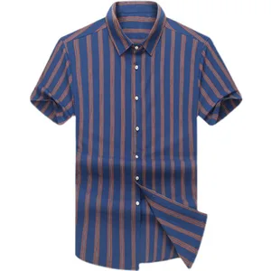 Мужская хлопковая рубашка, повседневная, с коротким рукавом, приталенная, в полоску, размера плюс, 6XL, 7XL, размера плюс