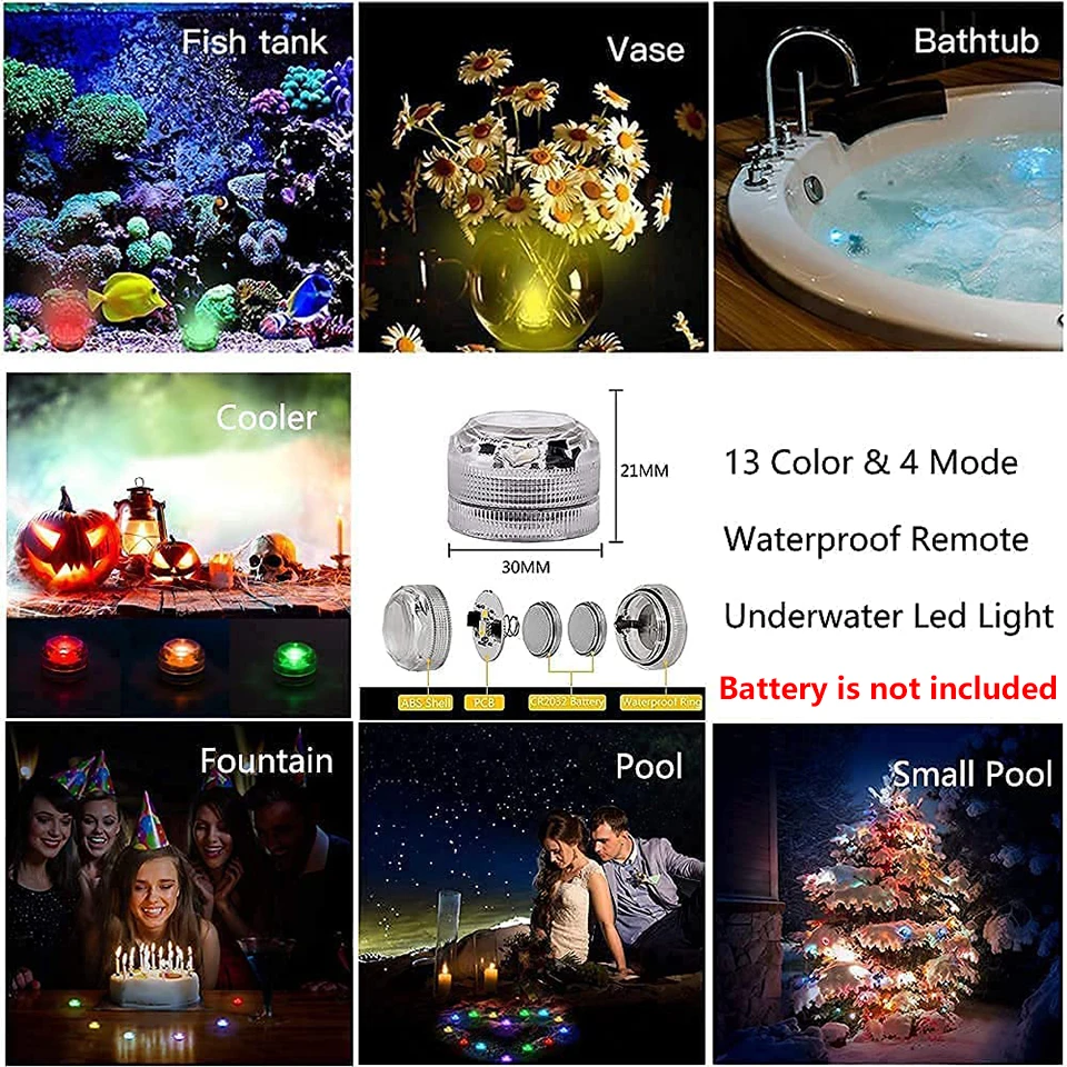 Tauchbare LED-Leuchten, wasserdicht, batteriebetrieben, 13 Farben, Unterwasserlicht für Aquarium, Schwimmbad, Hochzeit, Party, Vasendekoration