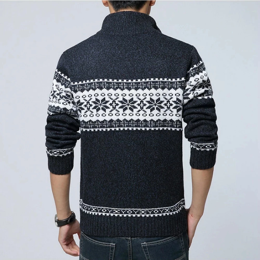 Men Fashion Plaid Stand Collar Slim Sweater Male Trend Casual Knitted Wool Cardigans Outerwear Clothing