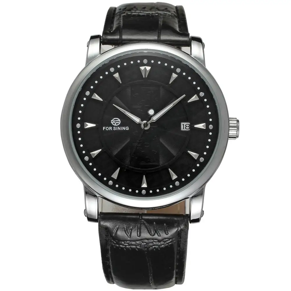 FORSINING  sleek minimalist black surface black belt casual men's mechanical wrist watch