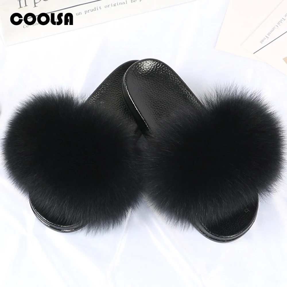 ฤดูร้อน Fluffy Raccoon Fur สไลด์เด็กรองเท้าแตะ Furry ขนสุนัขจิ้งจอกจริง Flip Flops แบนเด็กสายรุ้งรองเท้าผู้หญิงรองเท้าแตะขนฟู