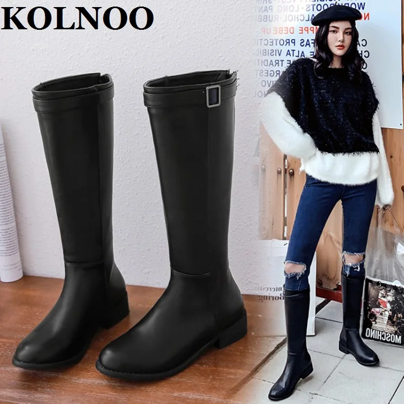 

KOLNOO New Style Handmade Ladies Block Heel Boots Evergreen Eurolish Mid-Calf Winter Boots All-Matching Shopping Fashion Shoes