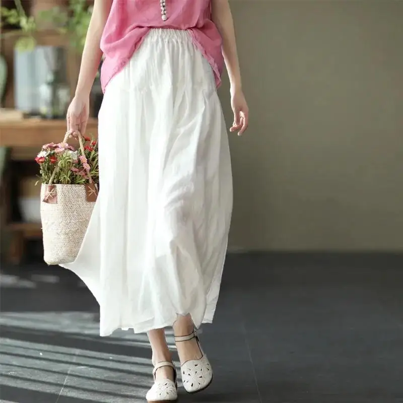 2023 Retro Double-Layer Loose Cotton Linen Skirt Ladies Fashion Big Skirt Spring Summer Solid Color Long Casual Skirts Female