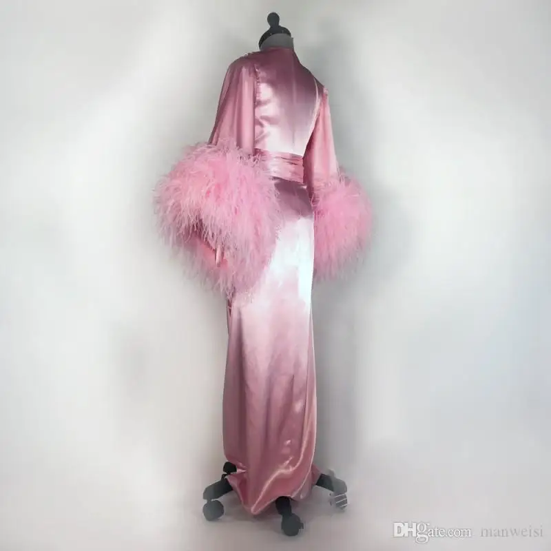 Pink 2020 Feather Women Robe Long Sleeve Sexy Nightgown Deep V Neck Ruffles Sleepwear Bathrobe Pajamas Prom Bridesmaid Shawel