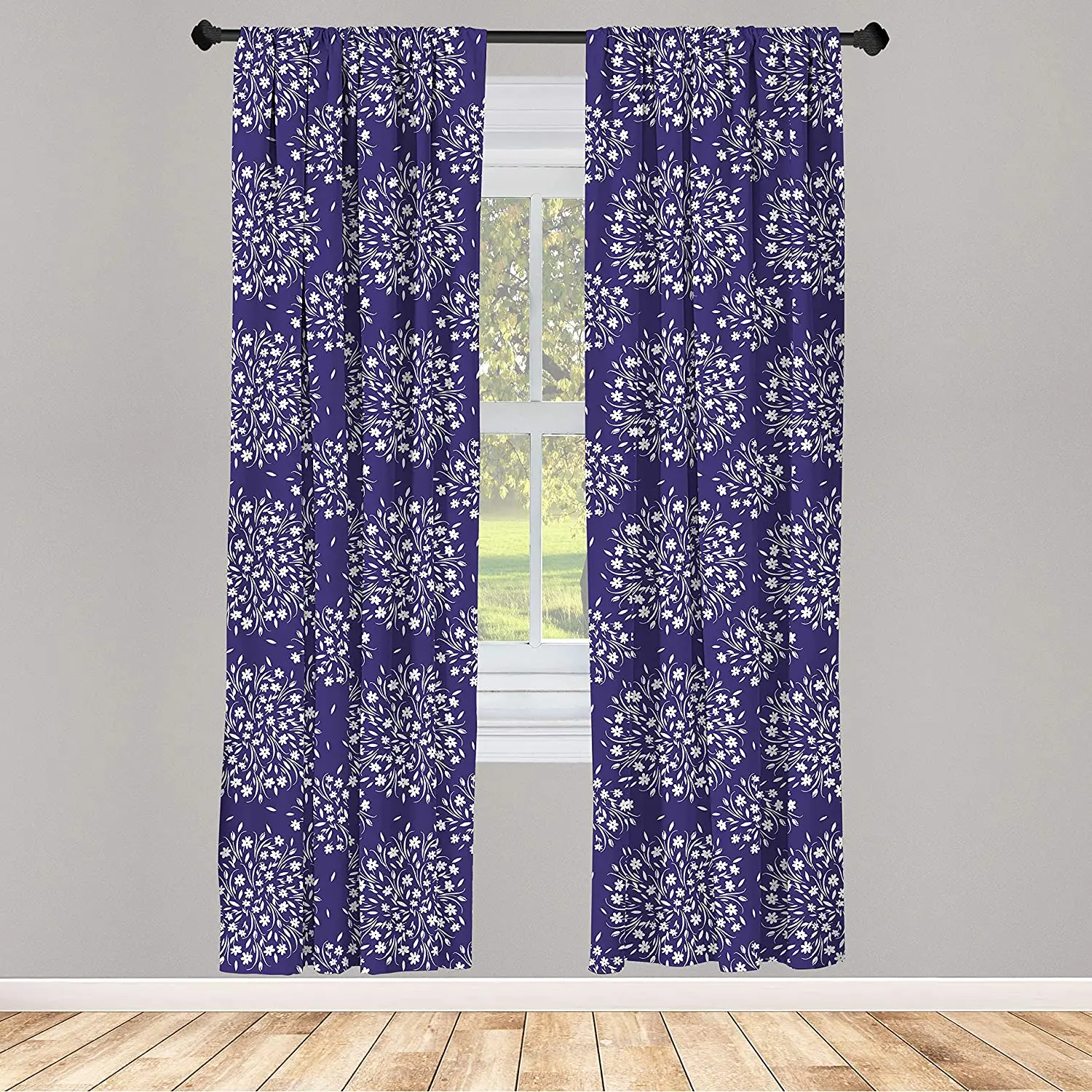 Navy and White Curtain Scroll with Little Rural Wildflowers and Buds Feminine Corsage Window Treatment Living Room Bedroom