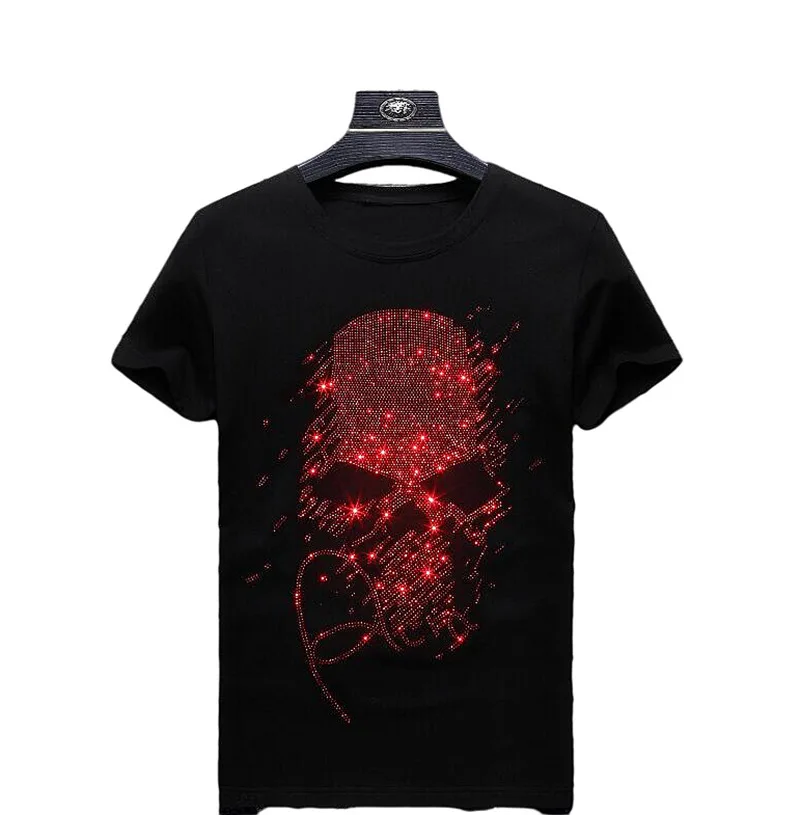 Hot drill  tshirt men Rhinestones cotton Skull T Shirts Men\'s Streetwear Summer Style Short Sleeve Men t-shirt