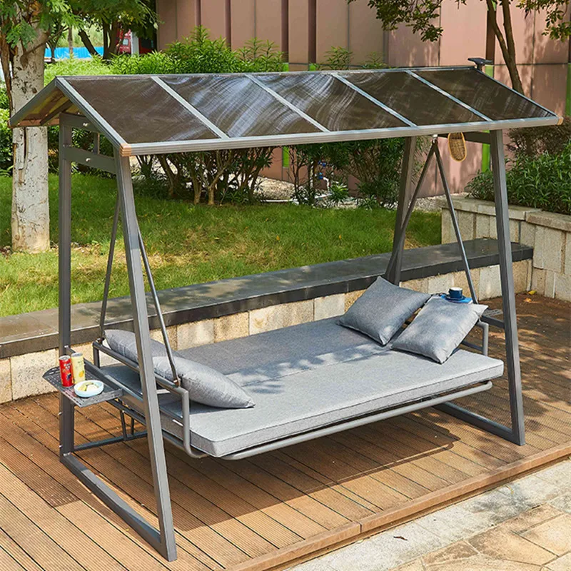 

4 person Outdoor Patio swinging Daybed with hard top Canopy Gazebo Swing hammock with Led light PC board swing gazebo durable