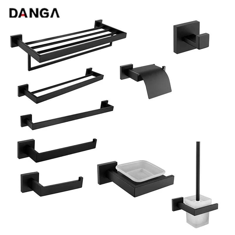 Black Bath Hardware Set Wall-mounted Stainless Steel Clothes hook Toilet Paper Holder Towel Bar Kitchen Bathroom Accessories