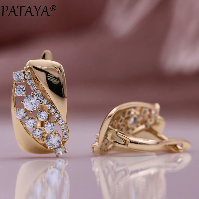 PATAYA New Hot Glossy Metal Earrings 585 Rose Gold Color Women Fashion Jewelry White Round Natural Zircon Bridal Drop Earrings