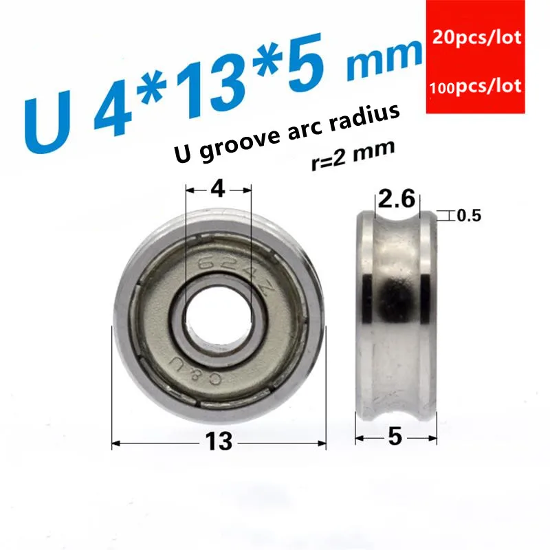 

20/100pcs/lot U groove 4*13*5mm 624ZZ 624 bearing steel guide wheel roller pulley 4x13x5