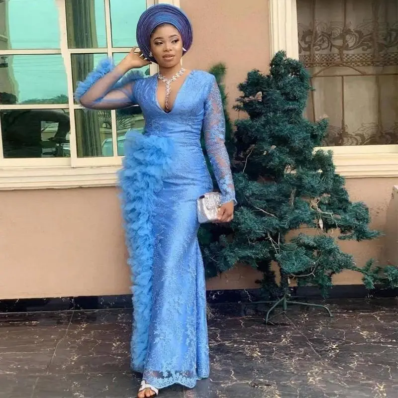 Aso Ebi – robe de soirée grande taille, Style arabe, Sexy, col en V, dentelle, manches longues, bleu pur, bal de promo, deuxième réception, 2022