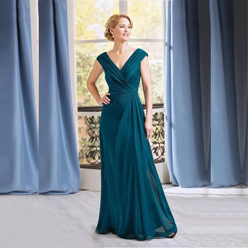 

2022 Modern Simple Midnight Green Chiffon Cap Sleeves Mother of the Bride Dresses V Neckline Wedding Party Gowns Back Out