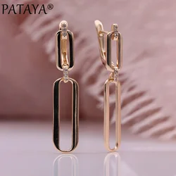 PATAYA New 585 Rose Gold Color Earrings Natural Zircon Long Drop Earrings Women Wedding Geometric Unique Gift Fashion Jewelry