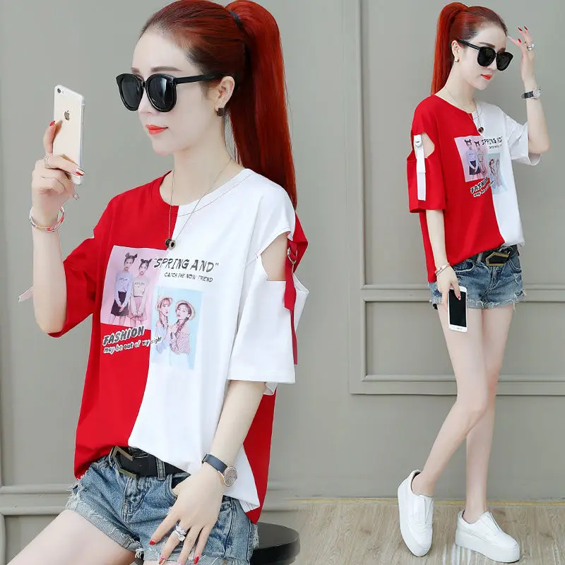 Red Clothes Pulovers Aesthetic Tops T Shirt Korean Short Sleeve Loose Elegant Casual Graphic Women's T-shirt For Summer Fashio