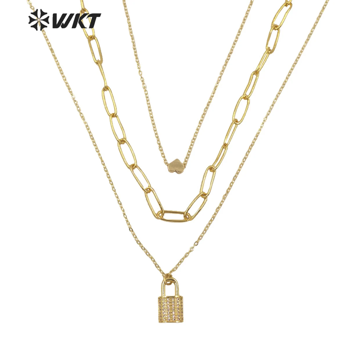 WT-N1304 Amazing Triple layer Resist tarnishable Lock charm necklace Gold Amazing tiny Charm metal chain necklacefor Lady