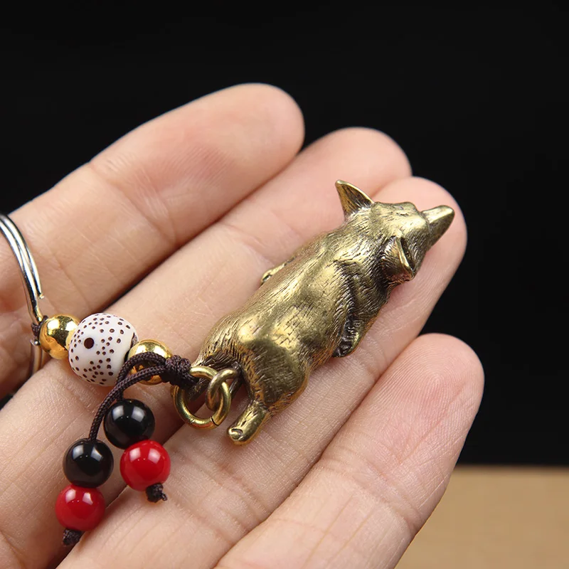 Pure Brass Cute Corgi Dog Key Chain Pendant Vintage Metal Copper Zodaic Animal Sleeping Puppy Figurines Keychain Hanging Jewelry