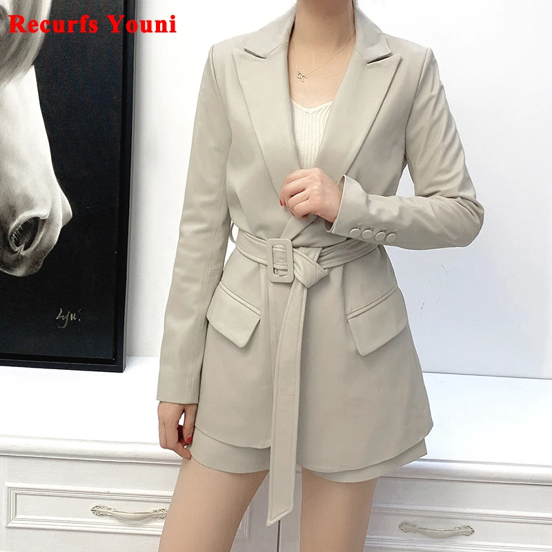 2 Piece Suits Women Genuine Leather Coat Silhouette Casual Handsome Suit With Belt Female Grey Chic Blazer And Shorts Set