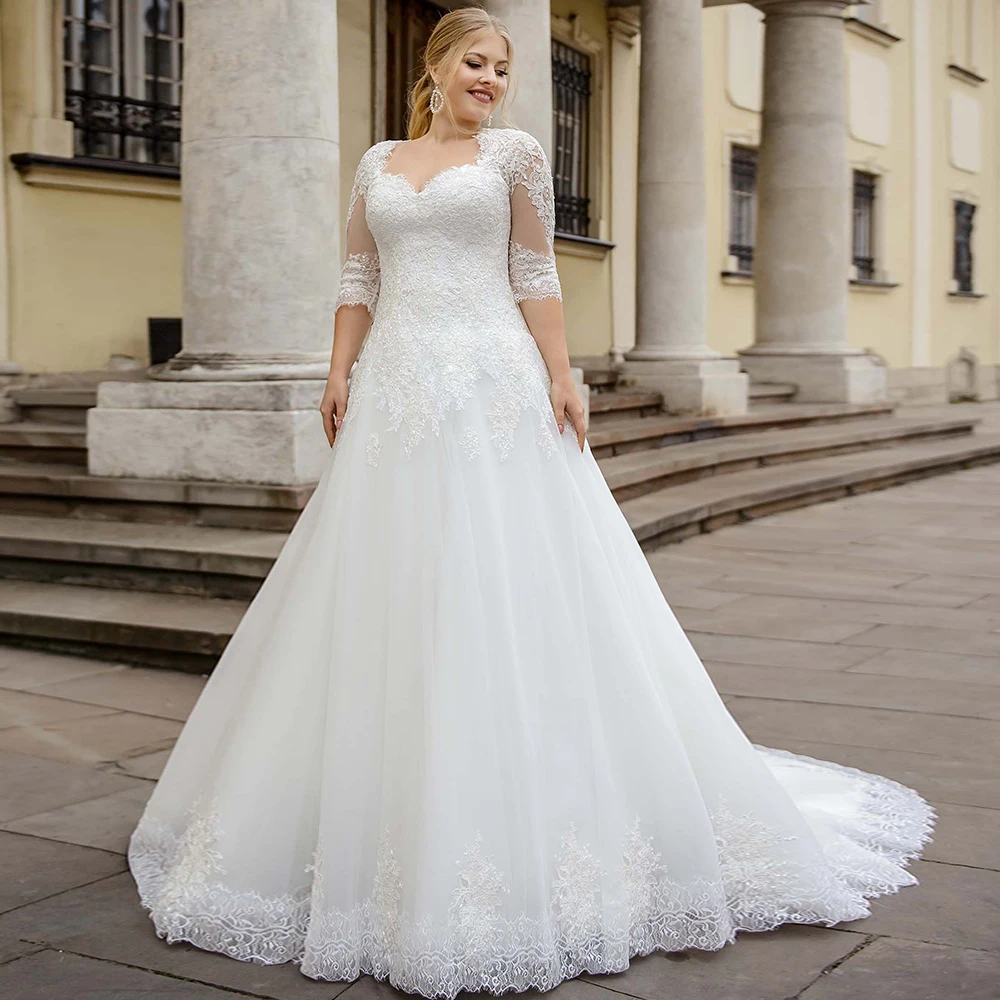 Customized Plus Size A-line Wedding Dress 2021 Sweetheart Half Sleeves Lace Chapel Train Tulle Bridal Gown With Applique Vestido