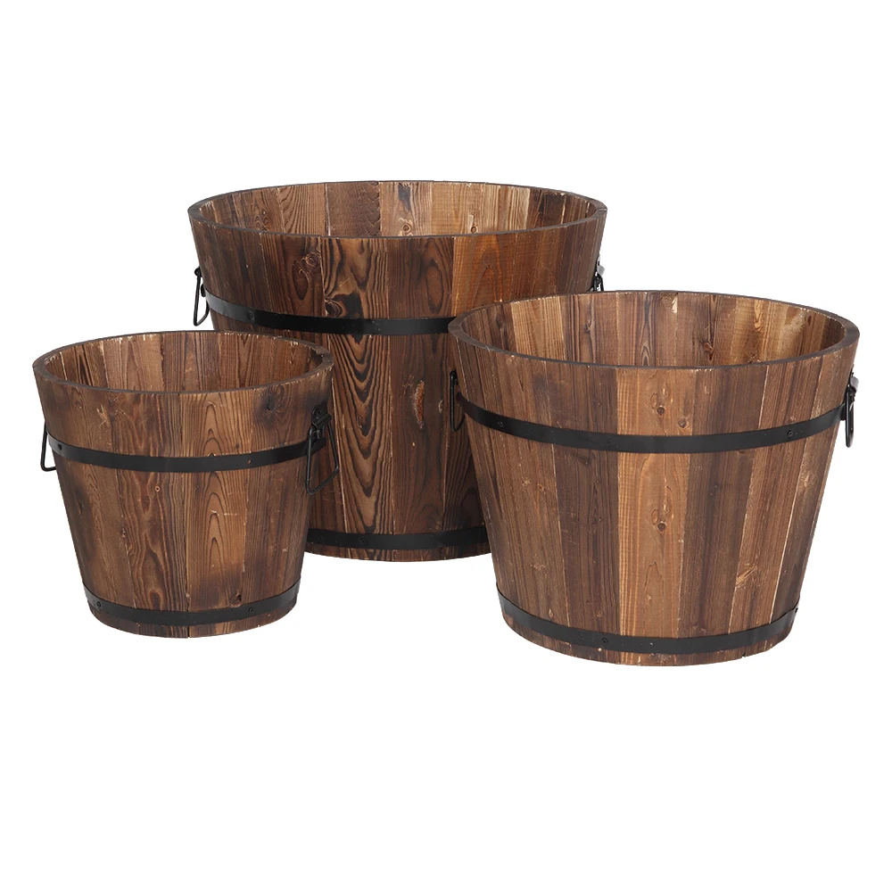 Plant Pot Outdoor Reinforced And Anticorrosive Wooden Pot Set Of Three 3 x  Cedar Barrels