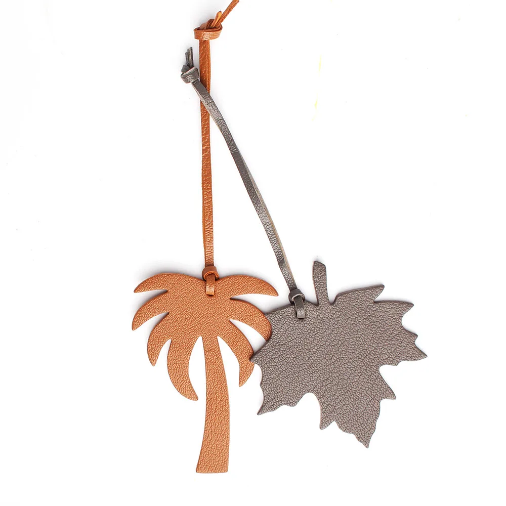 Double Faces Silk Ribbon Full Real Genuine Leather Palm Tree Maple Leaf Keychain Key Chain Women Bag Charm Backpack Pendant