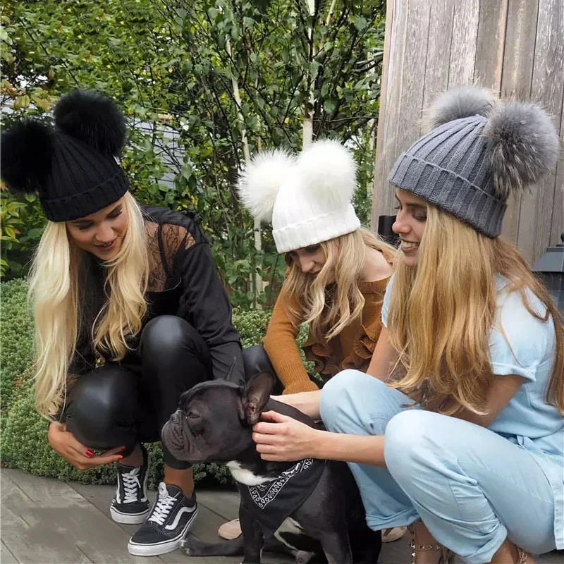 Winter Real Fur Ball Beanie Hat for Women Ladies Fluffy Double Natural Raccoon Fur Pom Pom Skullies Beanie Hat With 2 Fur Pompom