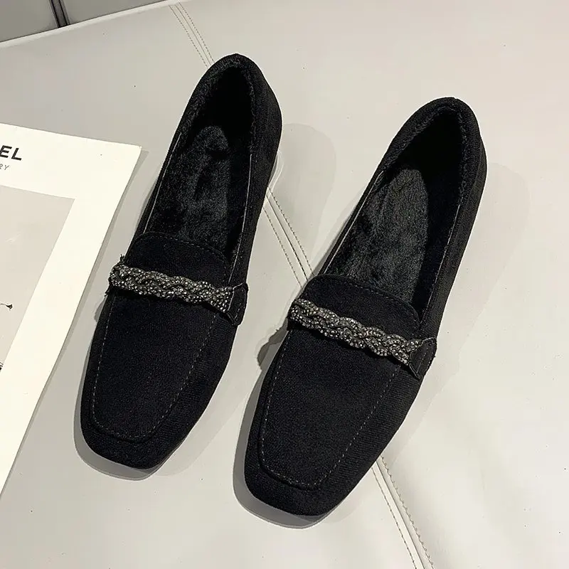 Fall/Winter 2021 Ladies Fashion Loafers Low Heel Boat Shoes Shoes Square Toe Dress Shoe Chain Faux Suede Plush Warm Ladies Shoes