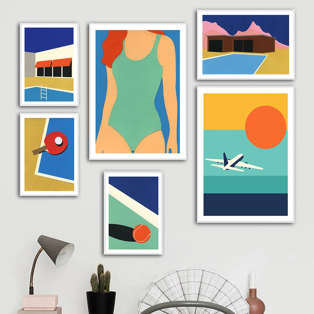 Nordic Prints Cartoon Table Tennis Swimsuit Posters Canvas Painting Wall Art Aircraft House Picture Studyroom Bedroom Home Decor