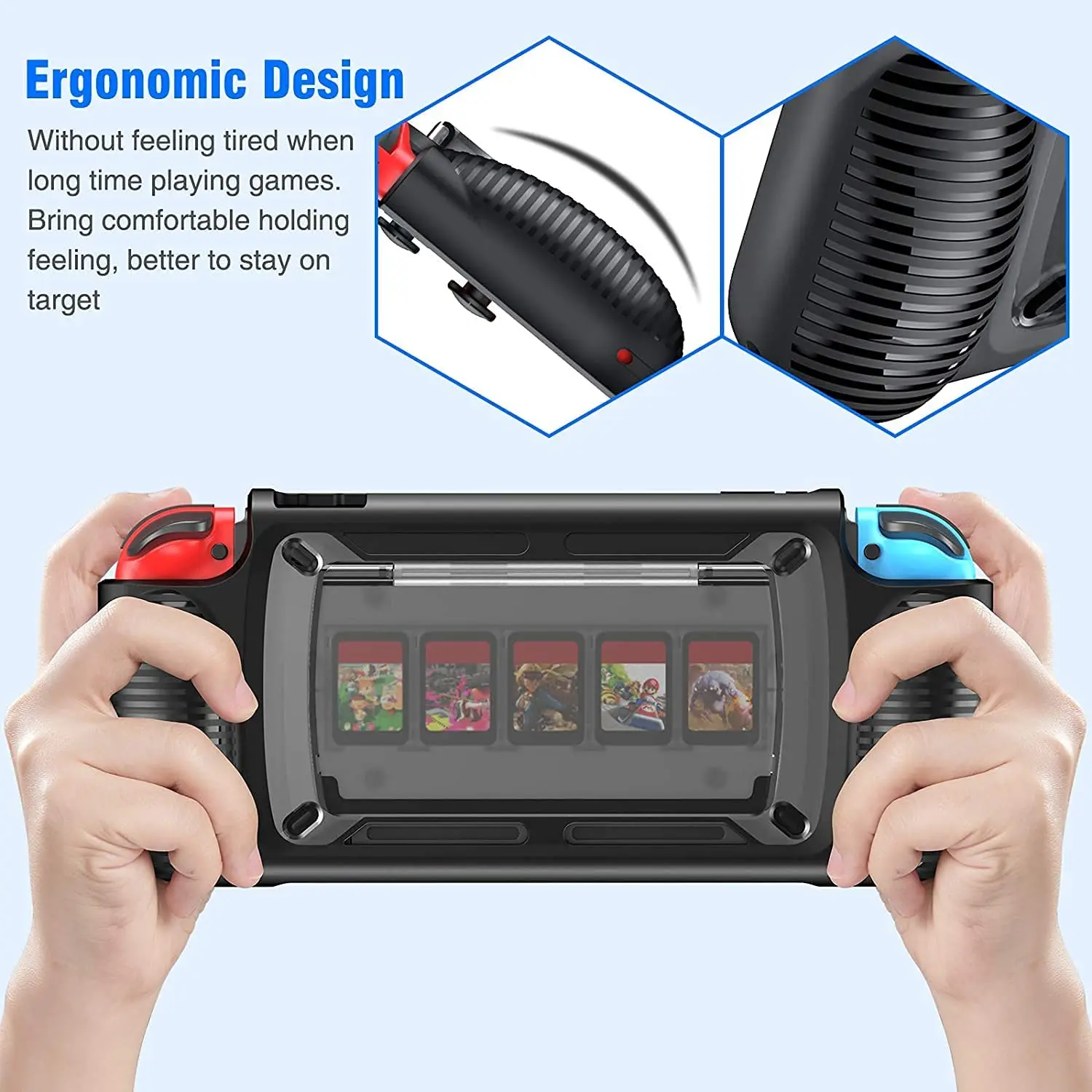 Étui de protection pour Nintendo Switch Grip Shell avec 7 emplacements de rangement, support réglable multi-angle, couvercle de poignée, absorption